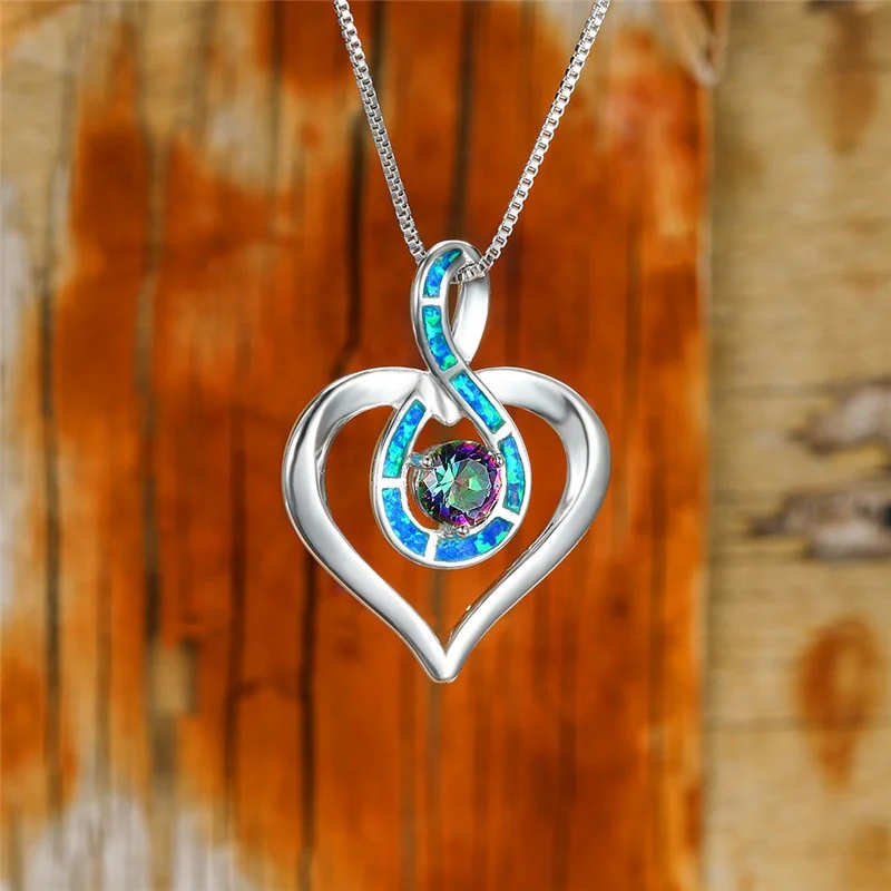 

Luxury Female Silver Heart Hollow Rainbow Simulated Opal Pendant Necklace