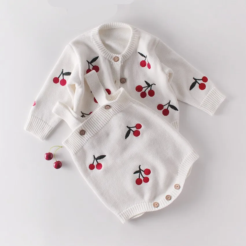 Детский кардиган из 2 предметов + комбинезон с вышивкой вишни пальто свитер для