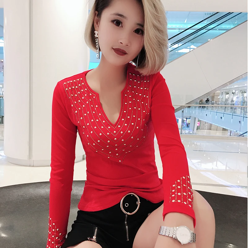 T-shirt female Rhinestone 2019 autumn tops women's diamond tshirts woman t shirt Vetement Femme Punk Rock Clothes poleras mujer |