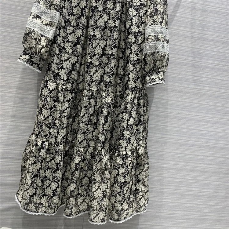 

Boho Floral Printed Silk Long Dress 2021 Early Spring Women Vintage Dresses New Palace Loose Puff Sleeve Sashes Mid-length Dress