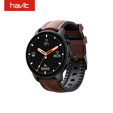 HAVIT QI Беспроводная зарядка Смарт-часы 5ATM водонепроницаемые 300 мАч 1,3 дюйма Круглый полный сенсорный экран для Android IOS Smartwatch M9005W