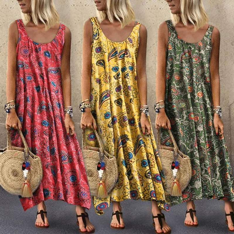 

2021 European and American Summer Holiday Floral Print Round Neck Emerald Sleeveless Dresses for Women