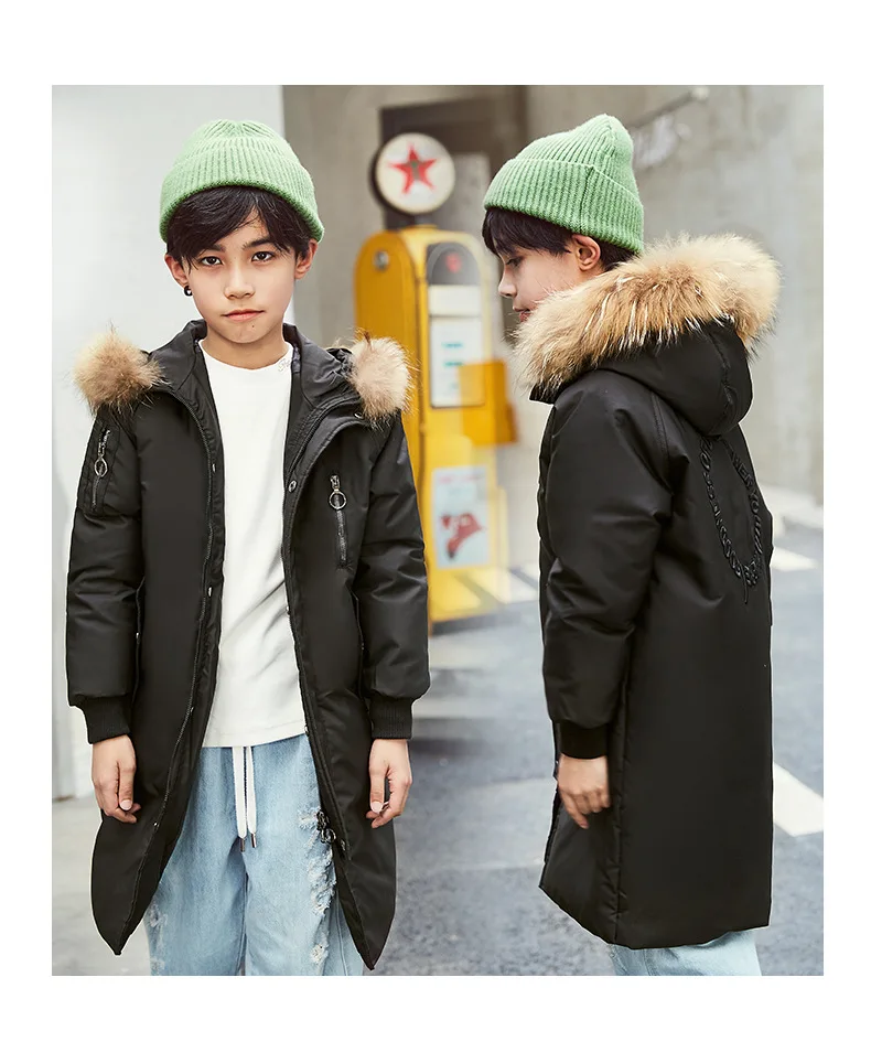 Dollplus/пальто для мальчиков зимняя детская куртка-пуховик длинное плотное зимнее пальто для мальчиков детские куртки на утином пуху для мальчиков, верхняя одежда с меховым воротником
