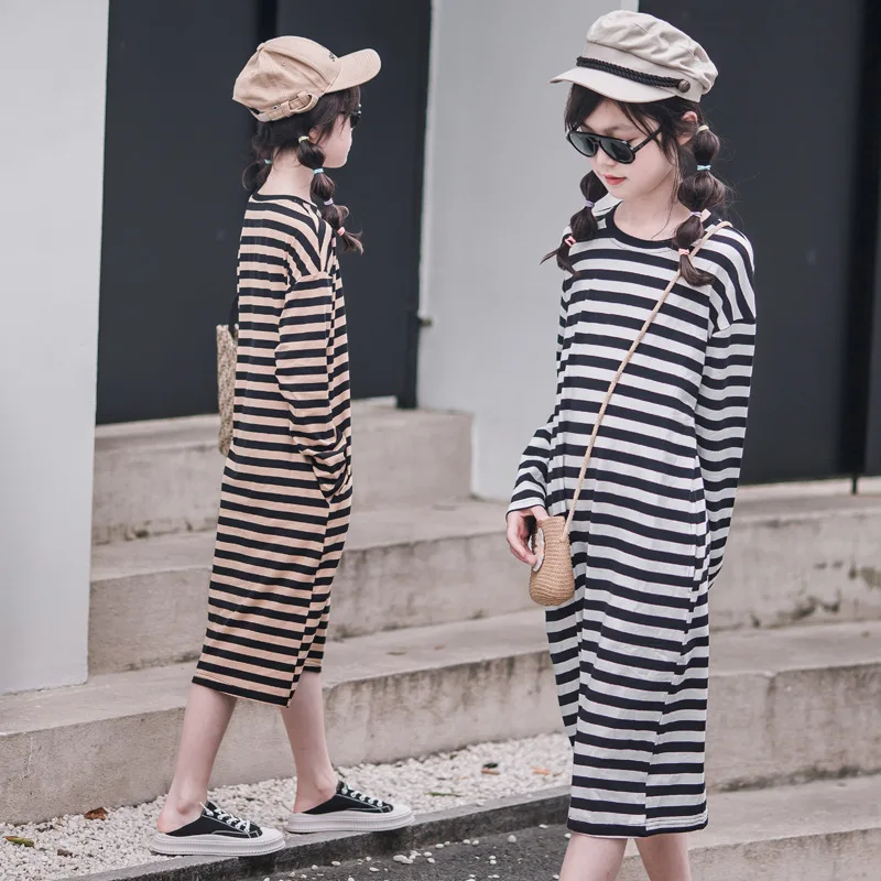 

Stripe Girls Casual Midi Dress New 2021 Kids Cotton Dress Teen Clothes Black Brown Long Sleeve Pockets Comforable Fabric,#6503