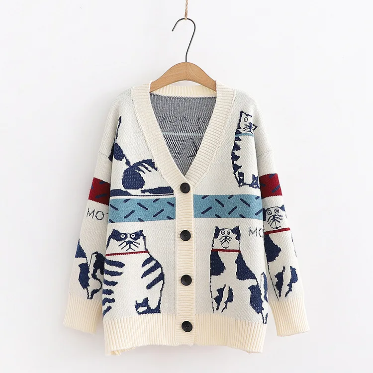 

New 2021 Net Red Cartoon Pattern Loose Large Size Thick Knit Cardigan Jacket Knitted Sweater