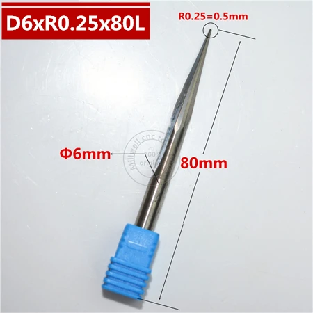 6 мм shank-1PCS, ЧПУ карбида вольфрама Концевая фреза, деревообрабатывающие вставки фрезы, конические сферические концевые фрезы, глубокий рельеф, pvcMDF - Длина режущей кромки: D6xR0.25x80L