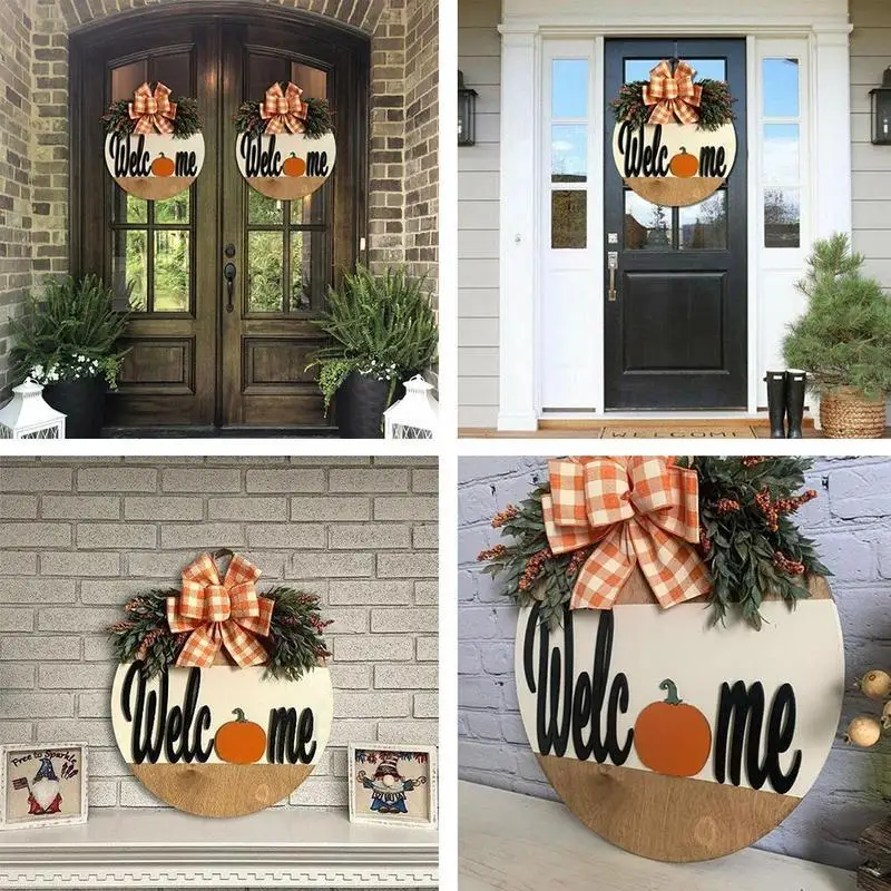 

15 18inch Autumn Home Front Door Bow Pendant Decoration Sign Pumpkin Decoration Halloween Home Wooden New M5i1