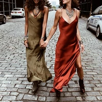 2021 sexy satin maxi dress women v neck spaghetti strap sleeveless backless side split long dresses summer lady vestido clubwear