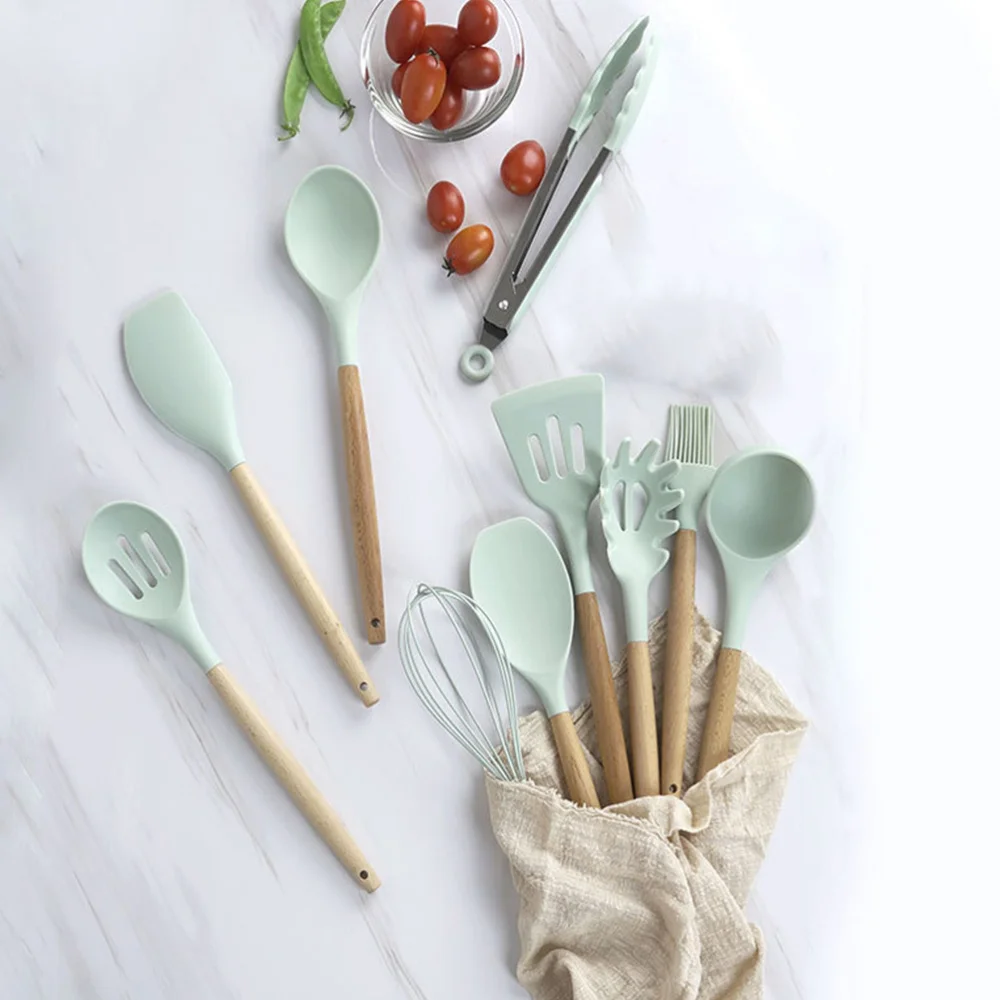 

11PCS Wooden Handle Non-Stick Pan Spatula and Spoon Set Cooking Tools Kitchen Supplies )