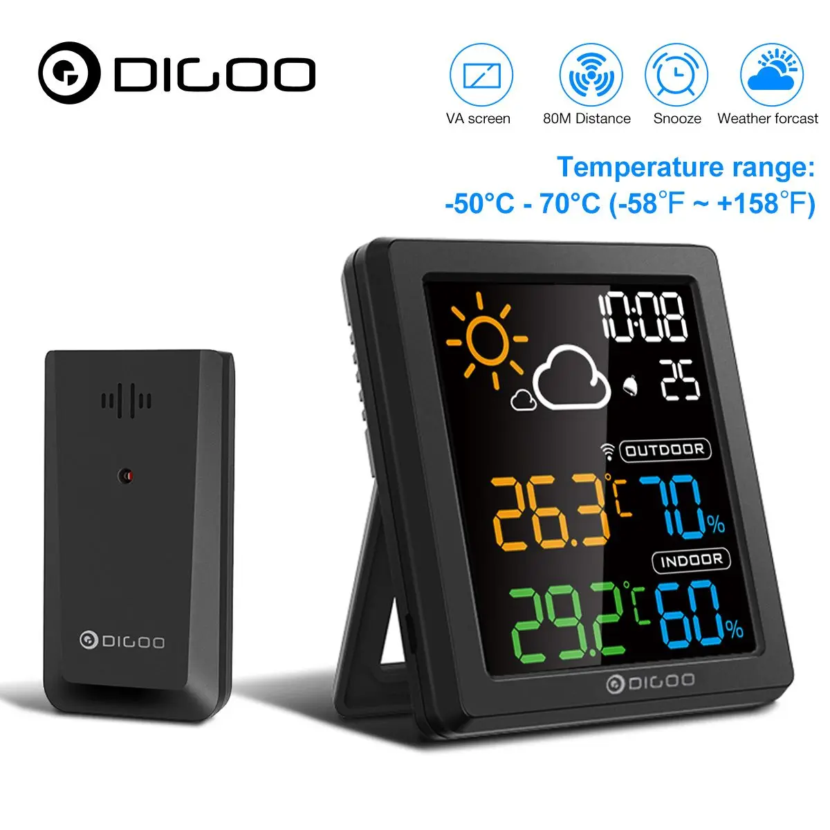 

Метеостанция DIGOO DG-8647 HD с цветным экраном, умный гигрометр, термометр, Повтор сигнала, двойные настольные часы