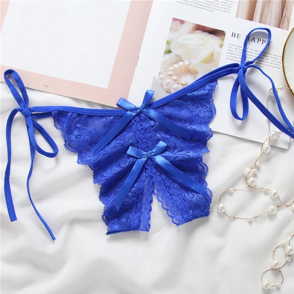 Женские сексуальные стринги кружевные с бантом открытой промежностью трусики