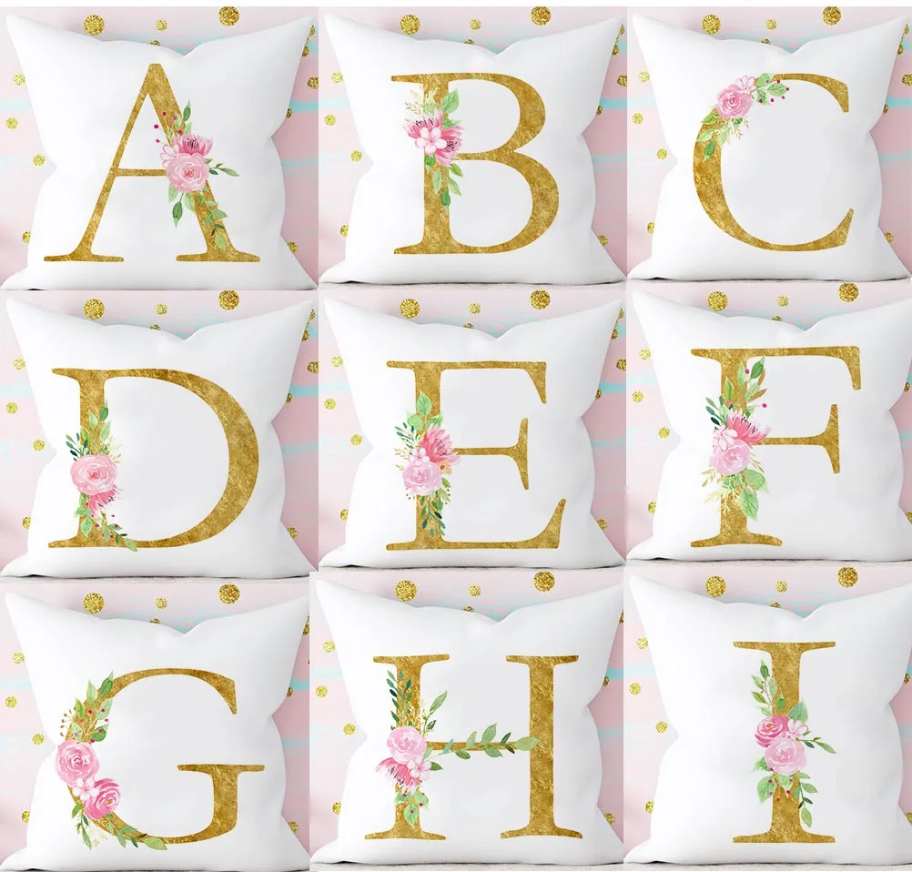 Monogram Alphabet Initials Letters Cushion Covers Gold Letter Flower Throw Pillow Case Modern Sofa pillow cases home decor