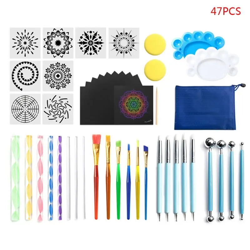 

2021 New 47pcs/set Mandala Dotting Tools for Painting Rock Stone Pen Stencil Template Brush Kit