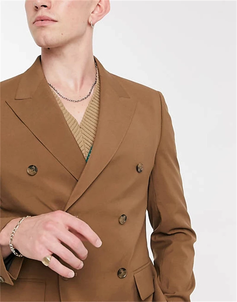 

New Arrival Brown Peaked Lapel Double-breasted Groom Tuexdos For Wedding Formal Prom Slim Fit Suit Party Evening Clothing 2 Pcs