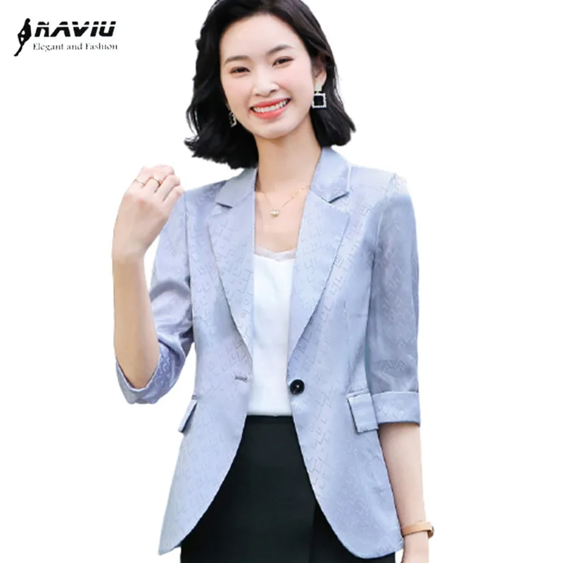 

Женские топы, лето 2021, Новый Модный облегающий блейзер из ацетата и сатина с рукавом до локтя для офиса, женское деловое пальто для работы