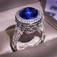 2021 new silver plate big blue zircon stone ring for women wedding engagement gift fashion jewelry drop shipping