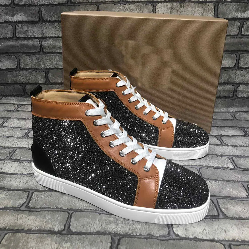 

Luxury High Top Black Diamonds Sports Shoes Brown Real Leather Smooth Red Bottom Flats Men Casual Loafers Women Sneakers Spikes