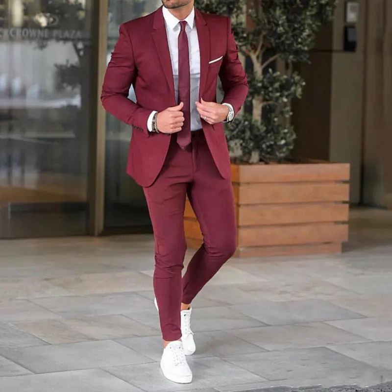 

2Piece Slim Fit Dinner Prom Party Burgundy Men Suits for Wedding Suits Pants Groom Tuxedo Groomsmen Man Blazer Jacket 190