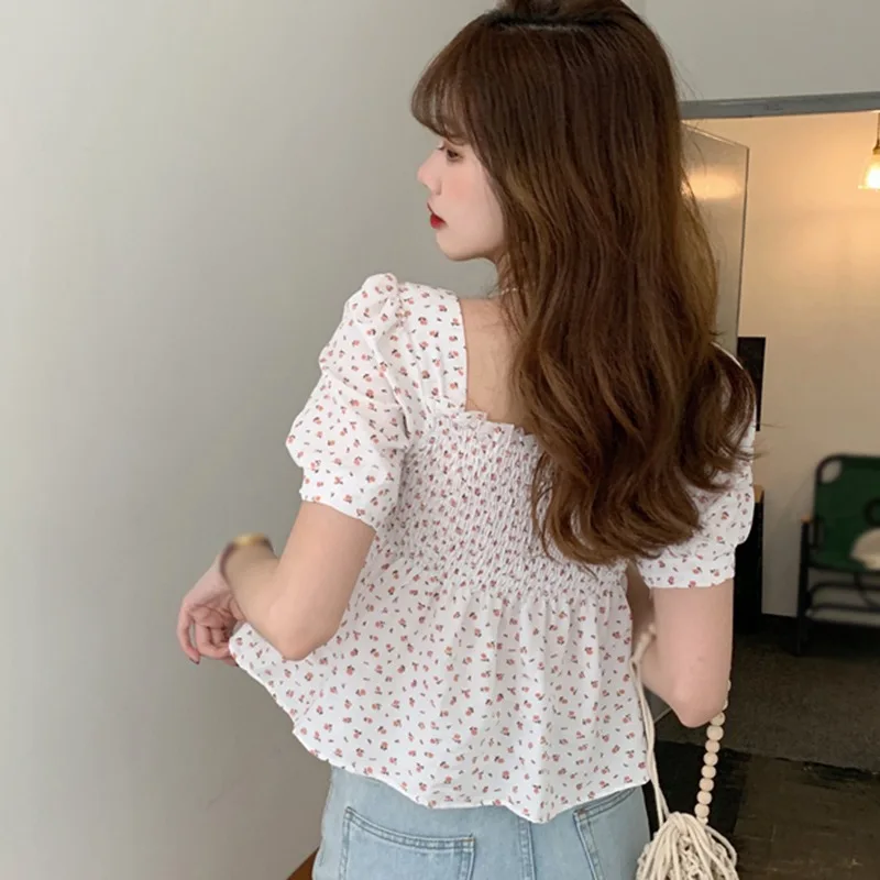 

Jlong Square Collar Sweet Chiffon Blouse Summer Women Short Sleeve Shirts Blouse
