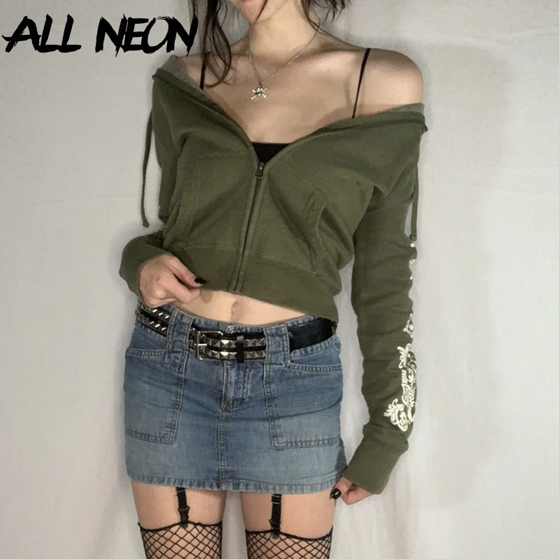 

ALLNeon 90s Aesthetics Retro Art Print Long Sleeve Cropped Tops Fairy Grunge Streetwear Zipper Hoodies Punk Outerwear Autumn