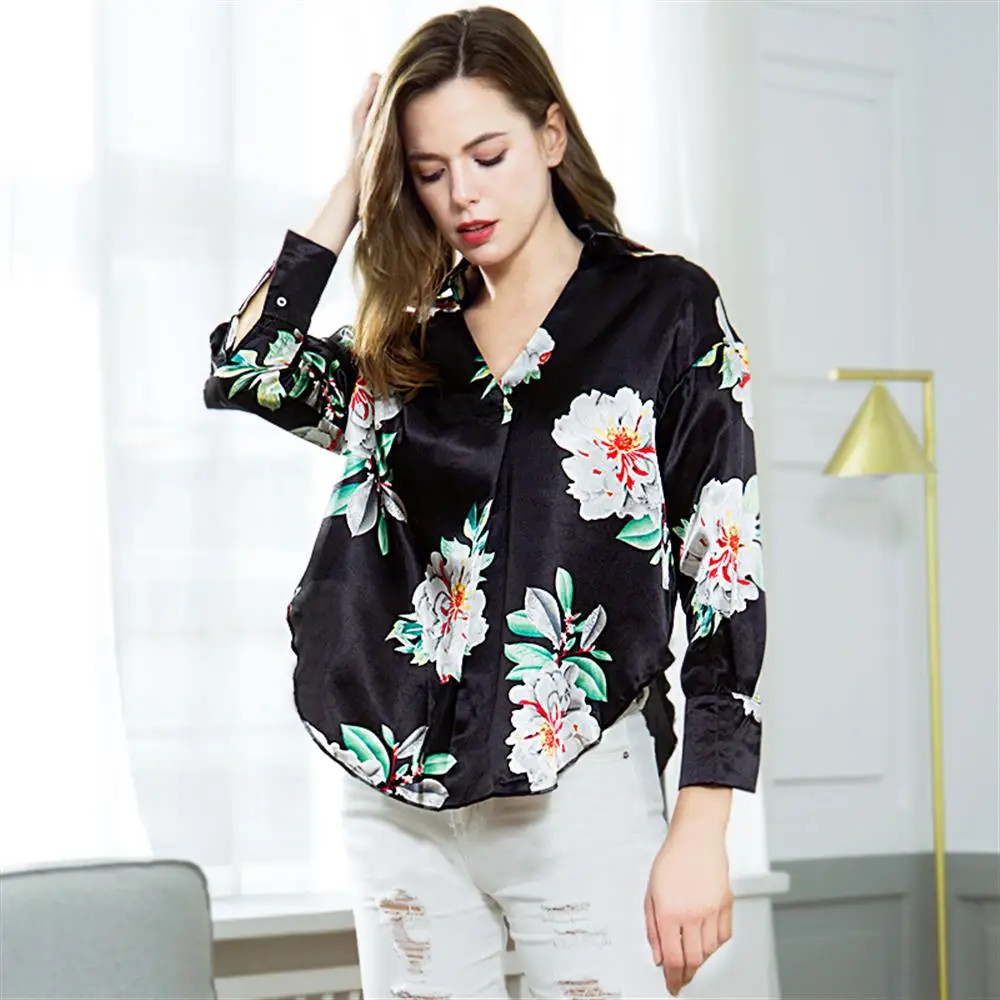 Женская Цветочная блуза с длинным рукавом и v-образным вырезом Осенние