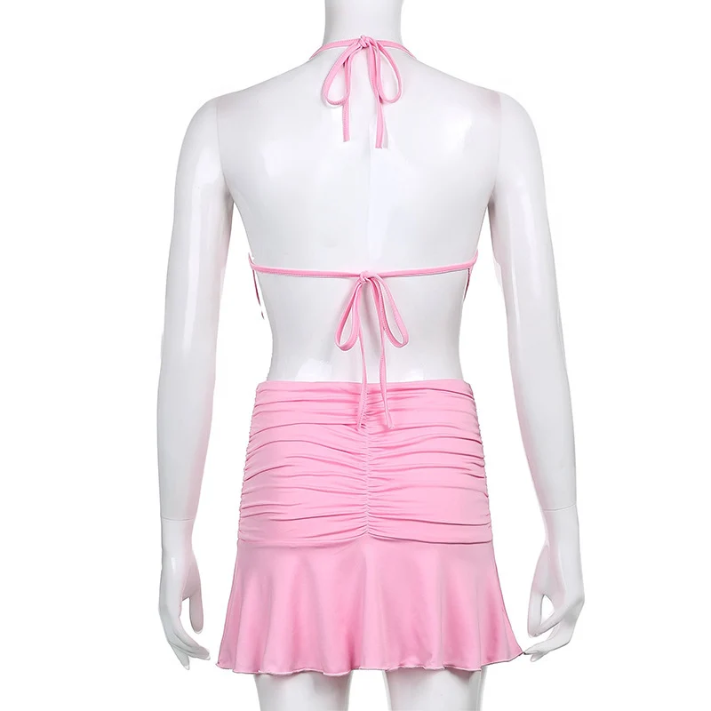

Woman Sets Summer Fashion Slim Sexy Solid Color Sleeveless Backless Lace-up Woman Casual Halter Tank Top & Mini A-line Skirt