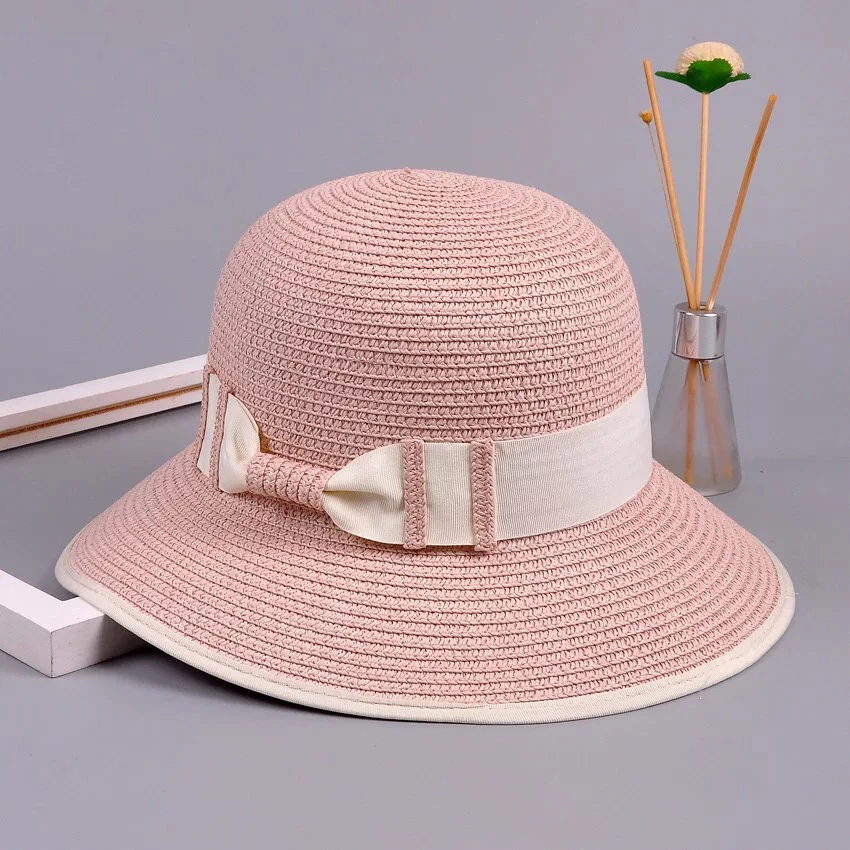 

new design lady summer straw sunhat fashion ribbon bow decoration bucket hat UV protection beach visit hat