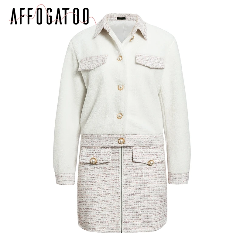 Two-piece suit Afogatoo элегантный офисный твидовый костюм из искусственного меха из двух частей комплект пальто юбка Женская Повседневная Дамская Осенняя зимняя винтажная юбка пальто костюм - Цвет: Two-piece suit