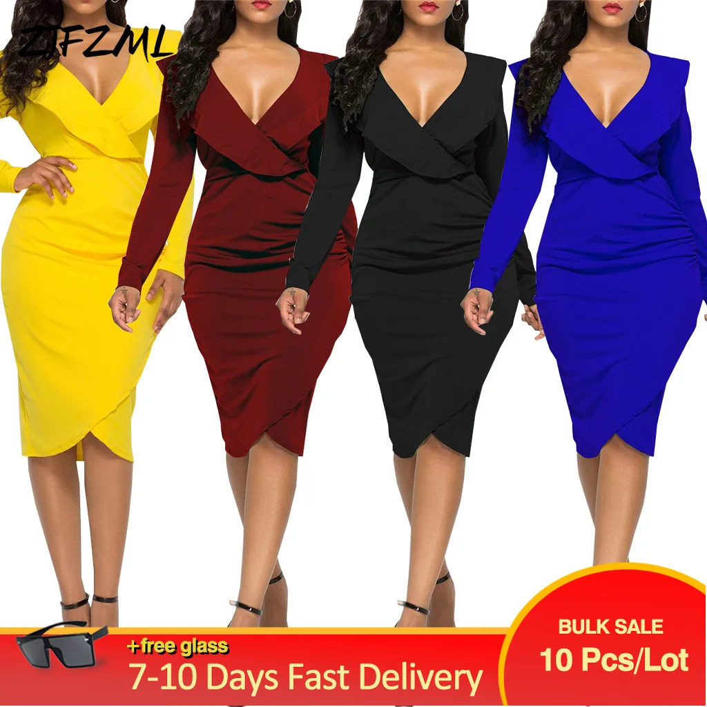 

Wholesale Bulk Items Lots Elegance Solid Color Workwear Sheath Dresses Autumn Cascading Ruffles Long Sleeve V-neck Sheath Dress
