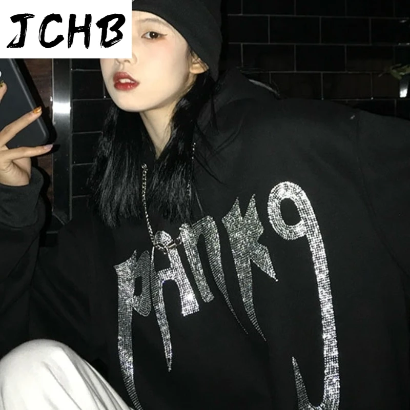 

2021 Oversized Sweatshirt Women Hoodies Spring Korean Street Hip-hop Hot Diamond Black Loose Hooded Jacket Long Sleeve Hoodie Go