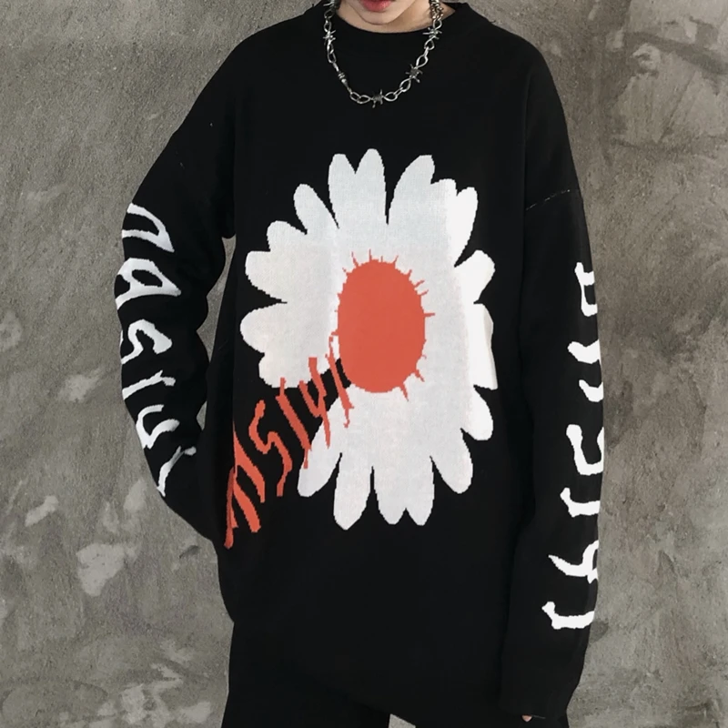 

Autumn And Winter Knitted Sweater Jacket Loose Harajuku Ins Trend Men And Women High Street Dark Retro Chrysanthemum Jacquard