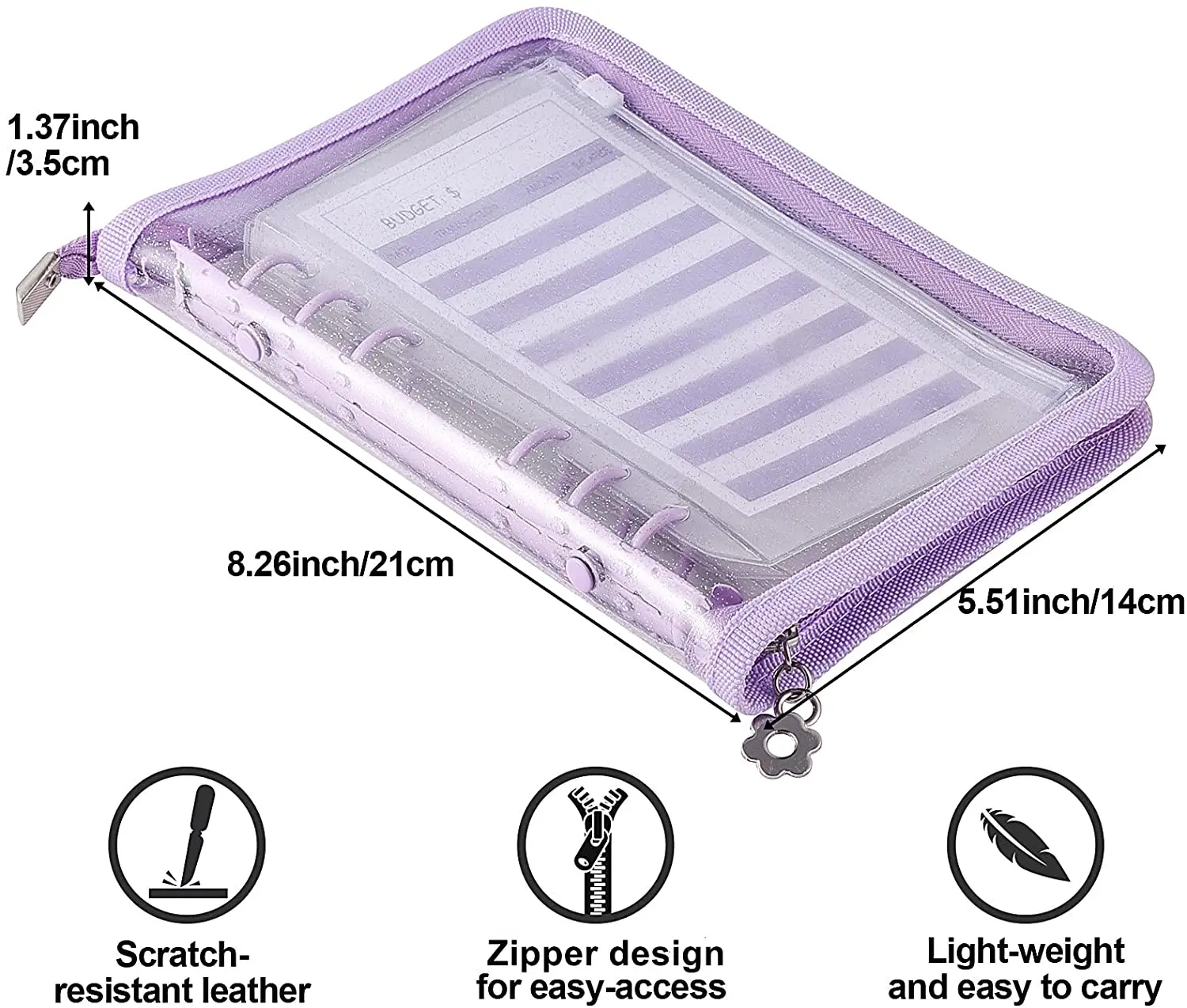 

A6PVC Notebook Binder Cover, A6 Binder Pocket, Expense Budget Sheet, Color Sticker Label, Waterproof 6-Ring Budget Binder-Purple