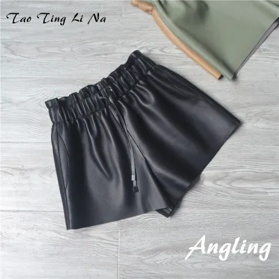 Tao Ting Li Na Genuine Sheep Leather shorts Women New  Wide-Leg Casual Real Leather Shorts G36