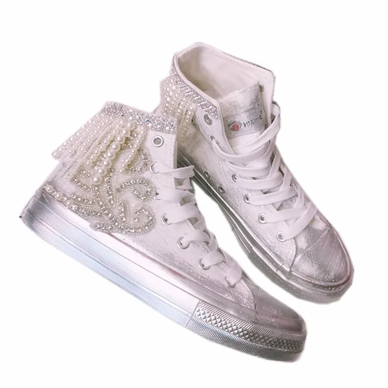 

New ladies shoes Pearl tassels do old high-top small dirty shoes flat lace Joker small white shoes