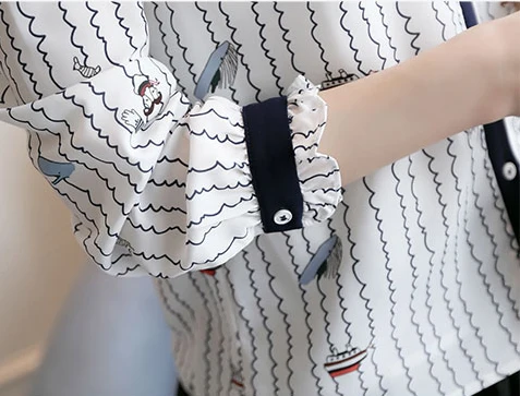 

New Women Blouse Shirt Casual 2020 New White Striped Bow Flower Print Long Sleeve Shirts Tops Chiffon Ruffle Blusas 910H