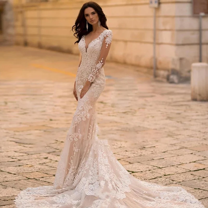 

Long Sleeve White 3D Flower Mermaid Wedding Dress Lace Backless Wedding Gown Simple Retro Bridal Dresses