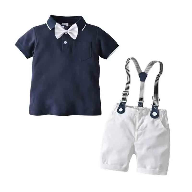 

1-5 Years Children Boys Set College Style Gentleman Bow Tie Cotton Short Sleeve+Strap Shorts 3 Pieces Summer Infant Boy Clothing