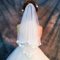 one tier lace applique edge fingertip bridal veils with lace