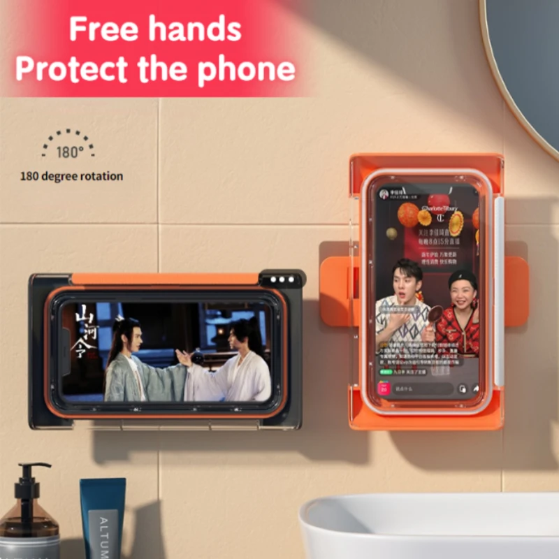 

Wall Mounted Universal Rotatable Mobile phone holder Waterproof Sealed Case Storage Box Rack Support Kitchen Toilet Watching TV