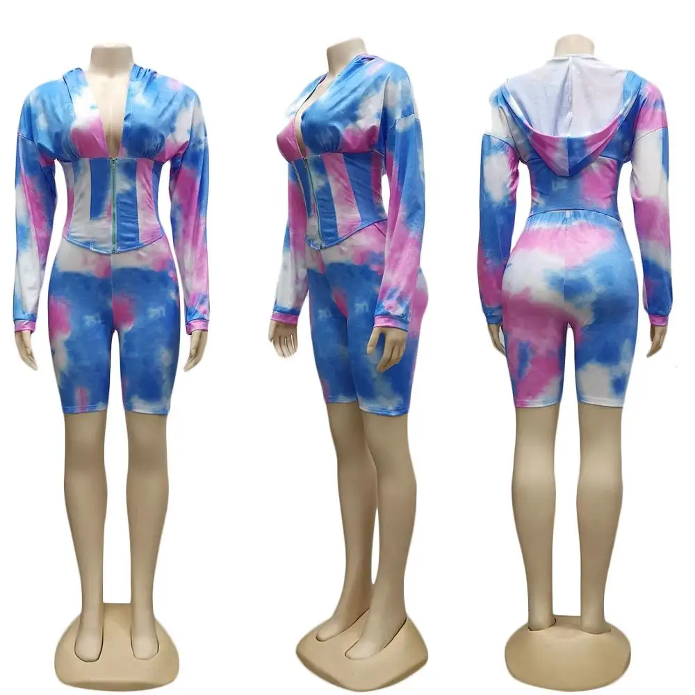 

2020 Spring Multicolor Tie Dye Print 2 Piece Set Sport Wear Femme Casual Tracksuit Front Zip Hoody And Shorts Jogger Suit