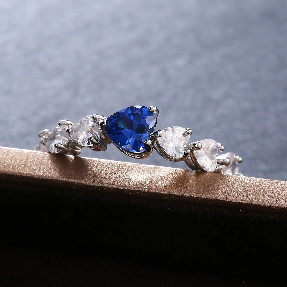 

Luxury Female Crystal Love Heart Ring Charm Silver Color Thin Wedding Rings For Women Promise Bride Blue Zircon Engagement Ring