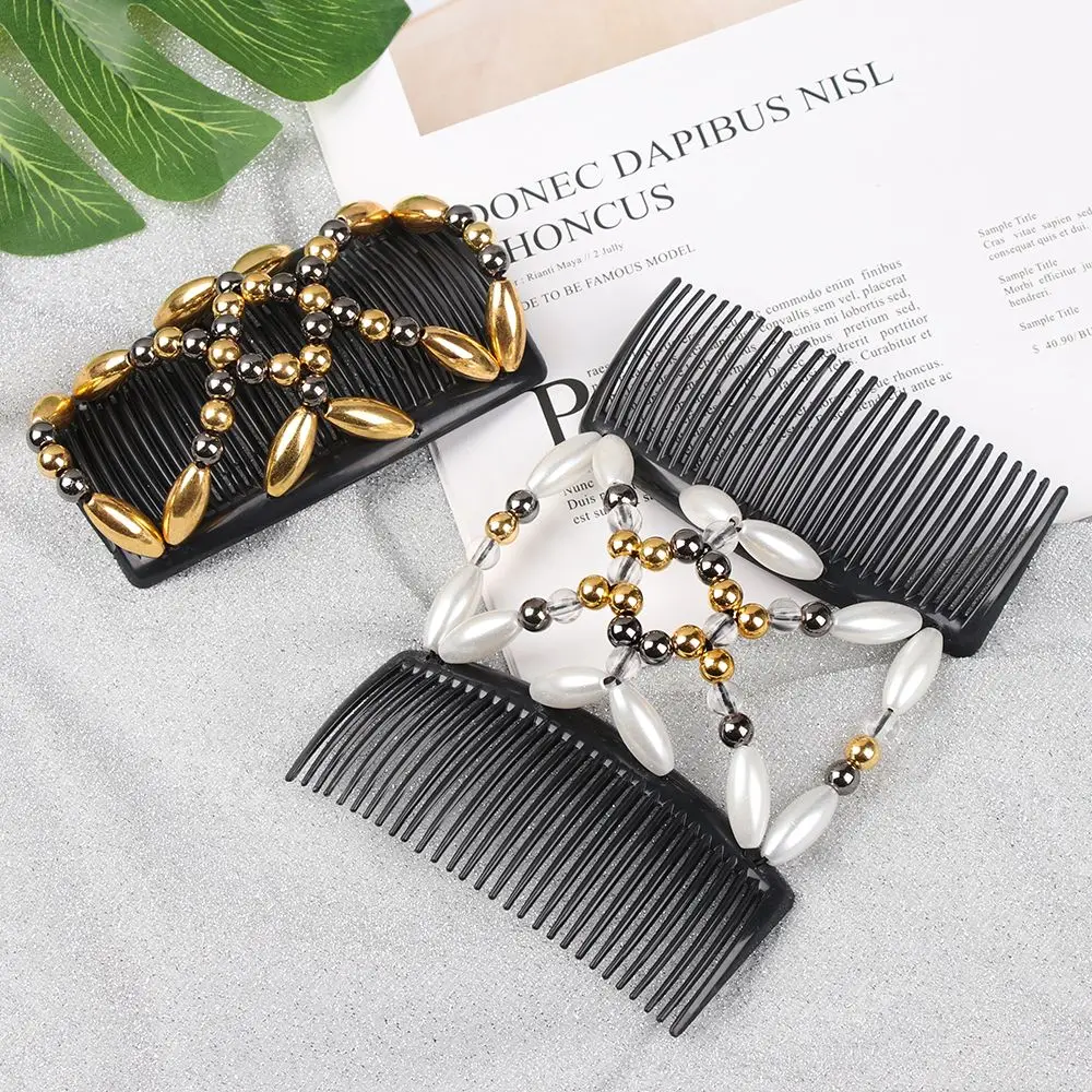 

Ladies Women Elastic Hairpin Stretch Double Magic Hair Comb Handmade Beaded Hair Clip Bun Maker DIY Styling Tool 3 Colors