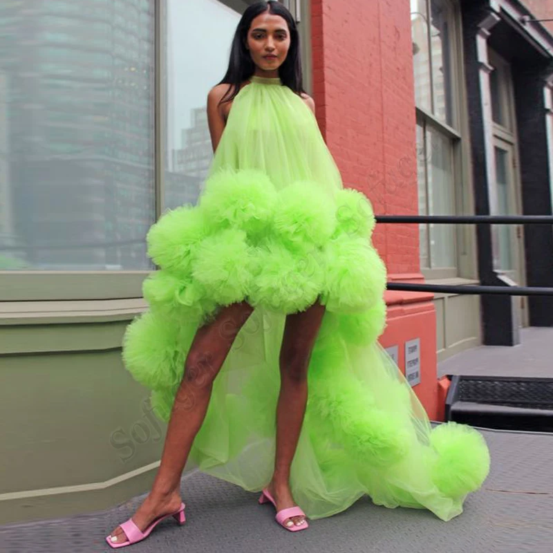 

Modern Green High Low Customised Evening Dresses Prom Ruffles Robe De Soiree Graduation Formal Celebrity Vestidos Fiesta