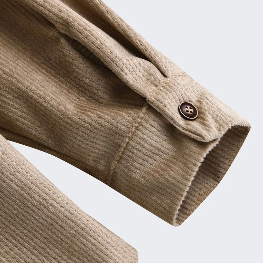 Мужская Вельветовая рубашка Повседневная Однотонная с карманами и длинным