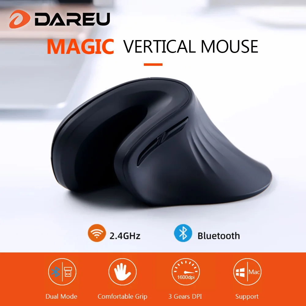 DAREU Magic эргономичная Вертикальная беспроводная мышь Bluetooth 4,0+ 2,4 ГГц Двойной Режим 1600 dpi кожа мыши с 3D колесо прокрутки для компьютера