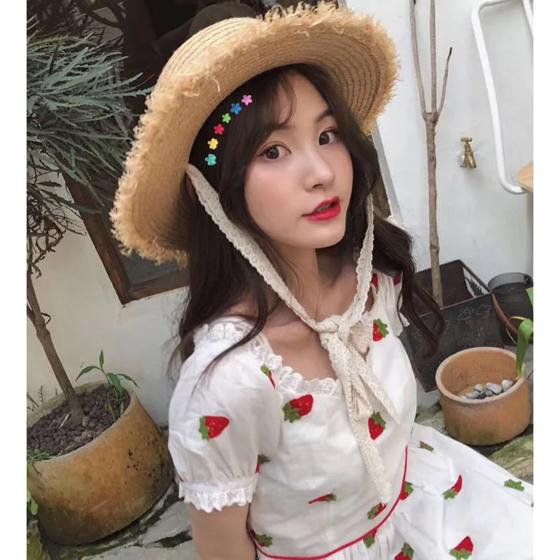 

2020 Top Fashion New Polyester A-line Summer Dress French Vintage Dress Summer Short Sleeve V-neck Lace Strawberry Maxi Women