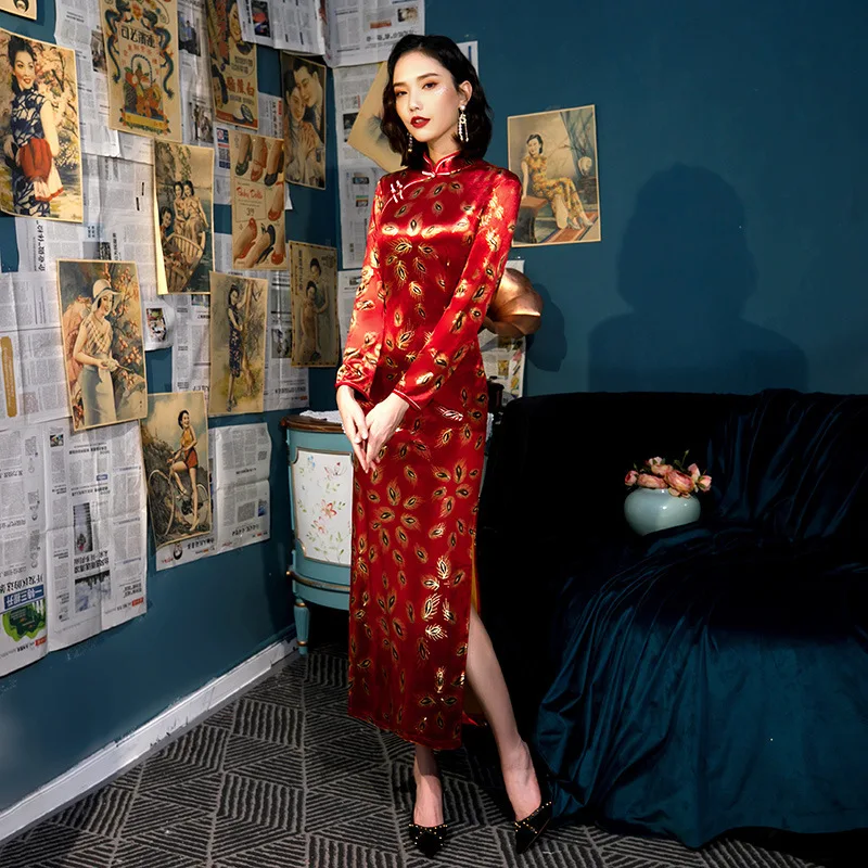 SHENG COCO Chinese китайские платья с длинными рукавами Cheongsam Qipao велюровое позолоченное платье в китайском стиле в стиле ретро женское платье с хвостом павлина Chipao