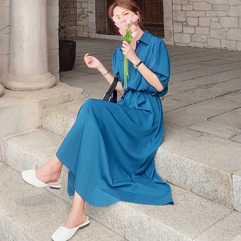 

One-Piece Female Shirt Dresses 2021 New Summer Fashion French Chiffon Dress Korean Elegant Women Party Holiday Dress Long Dress