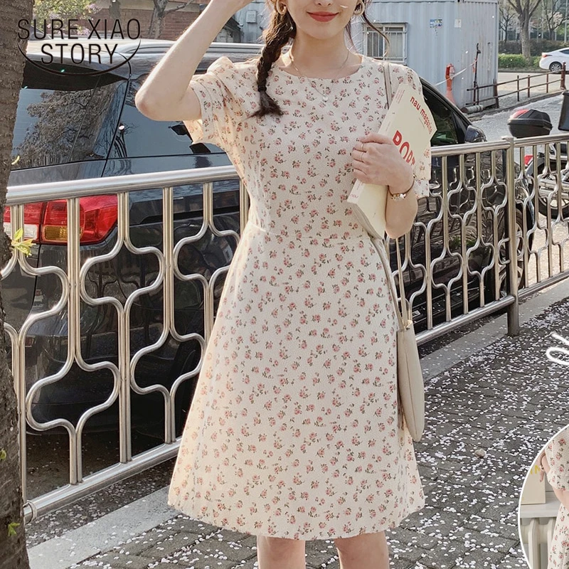 

Женское шифоновое платье с коротким рукавом, простое винтажное платье миди с цветочным принтом и круглым вырезом, модель 2022 в Корейском сти...