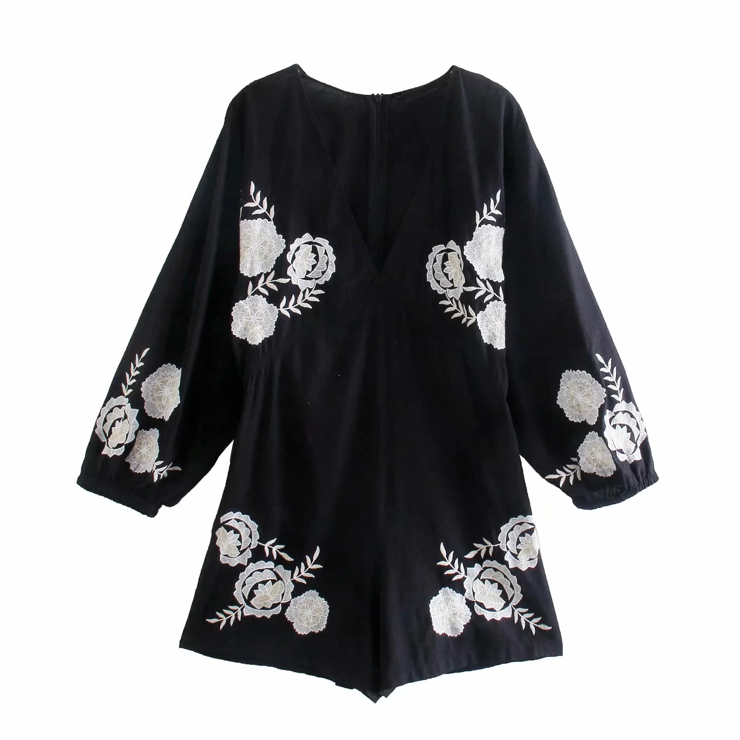 

Women's 2021 Solid Color Embroidered Linen One-piece Pants Fashion V-neck Bubble Sleeve Women's Loose Casual One-piece Pants
